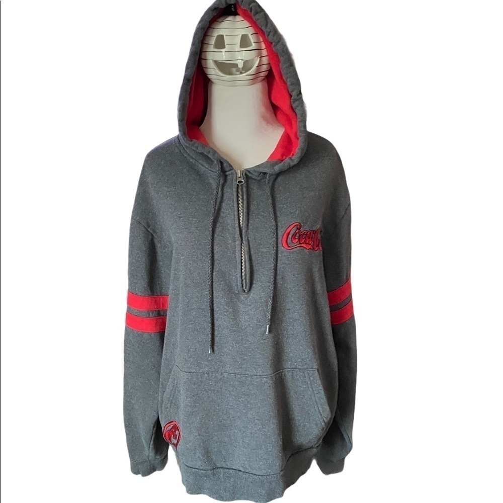 Vintage Coca-cola zip neck Hoodie Sweater Large Grey & Red Women Coca Cola Coke